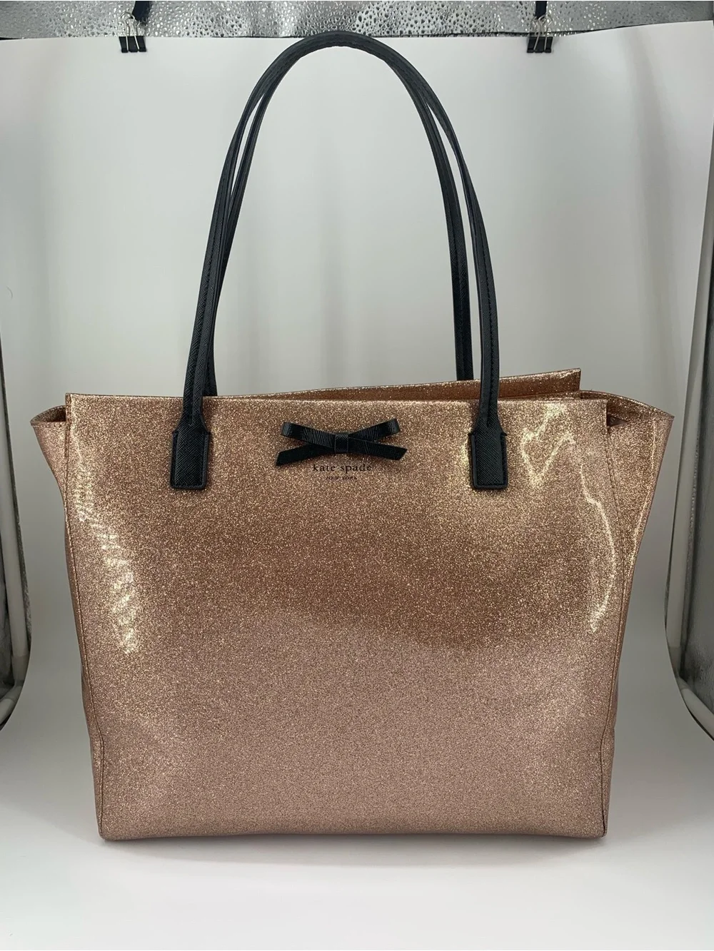 kate spade Mavis Street Taden Rose Gold Glitter Tote with Black Handles